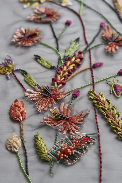 Dream Blueprints Design Studio , Hand Embroidery Atelier, zardozi,raffia, bugle bead, flowers